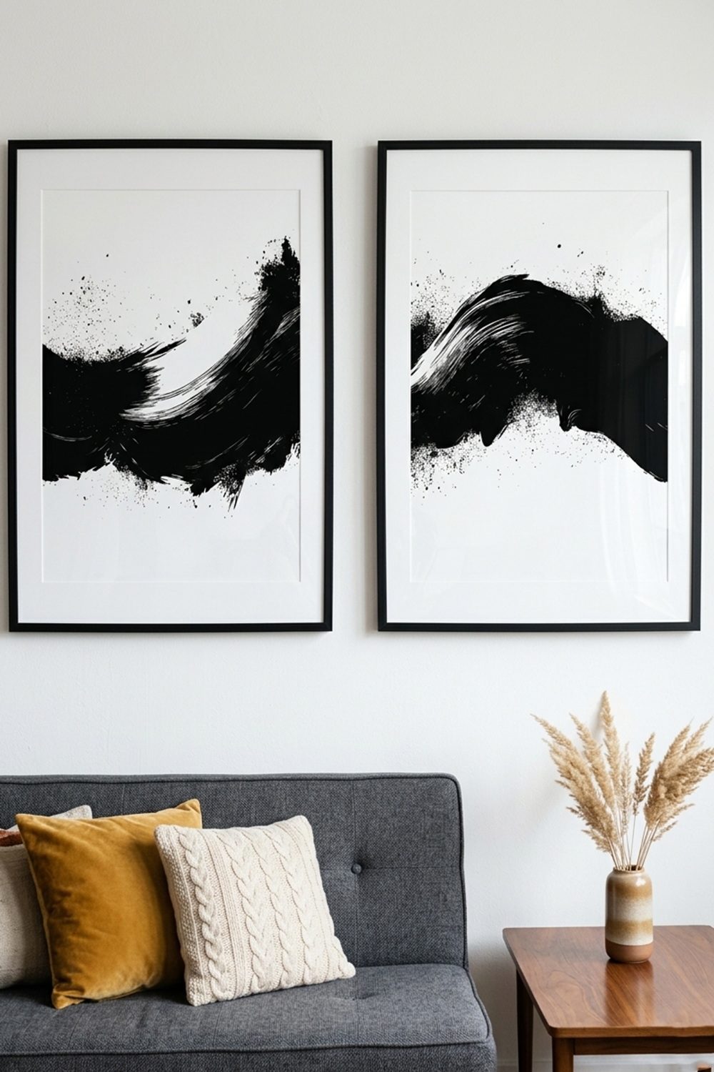 Black Ink Wave Wall Art Set