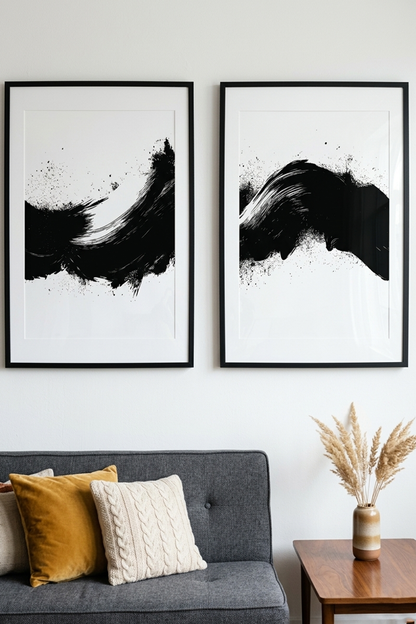 Black Ink Wave Wall Art Set